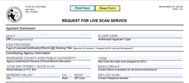 Riverside IHSS LiveScan Form Example